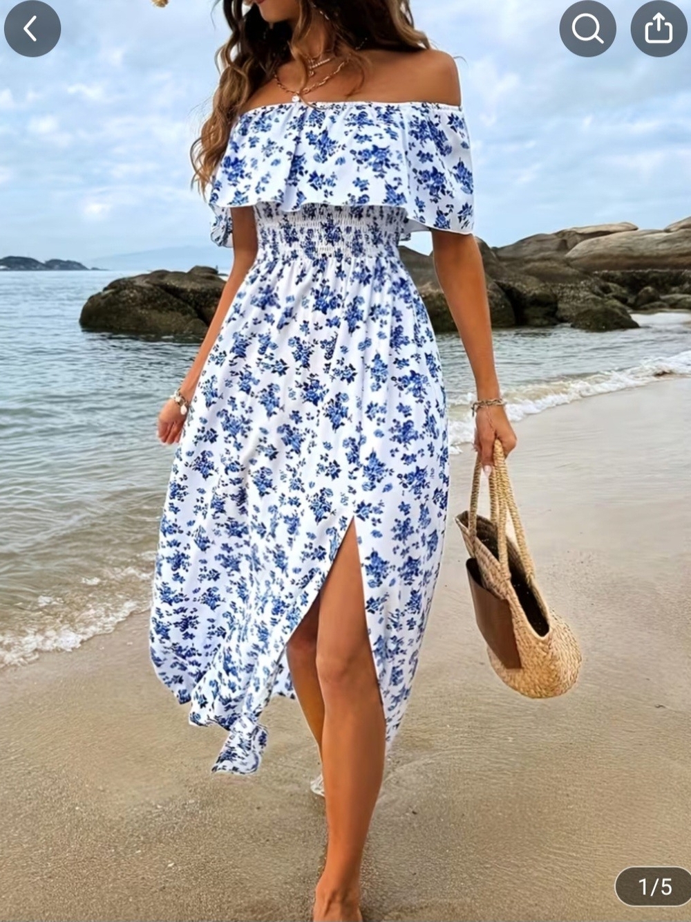 Off-Shoulder Blue Floral Midi Dress - White & Blue